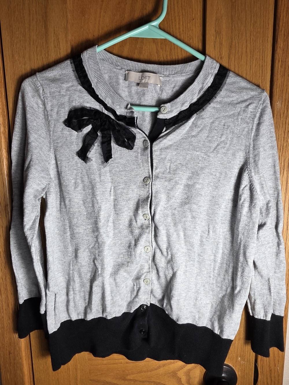 LOFT Light Gray Cardigan with Black Bow & Trim Large Goth Feminine Y2K Preppy